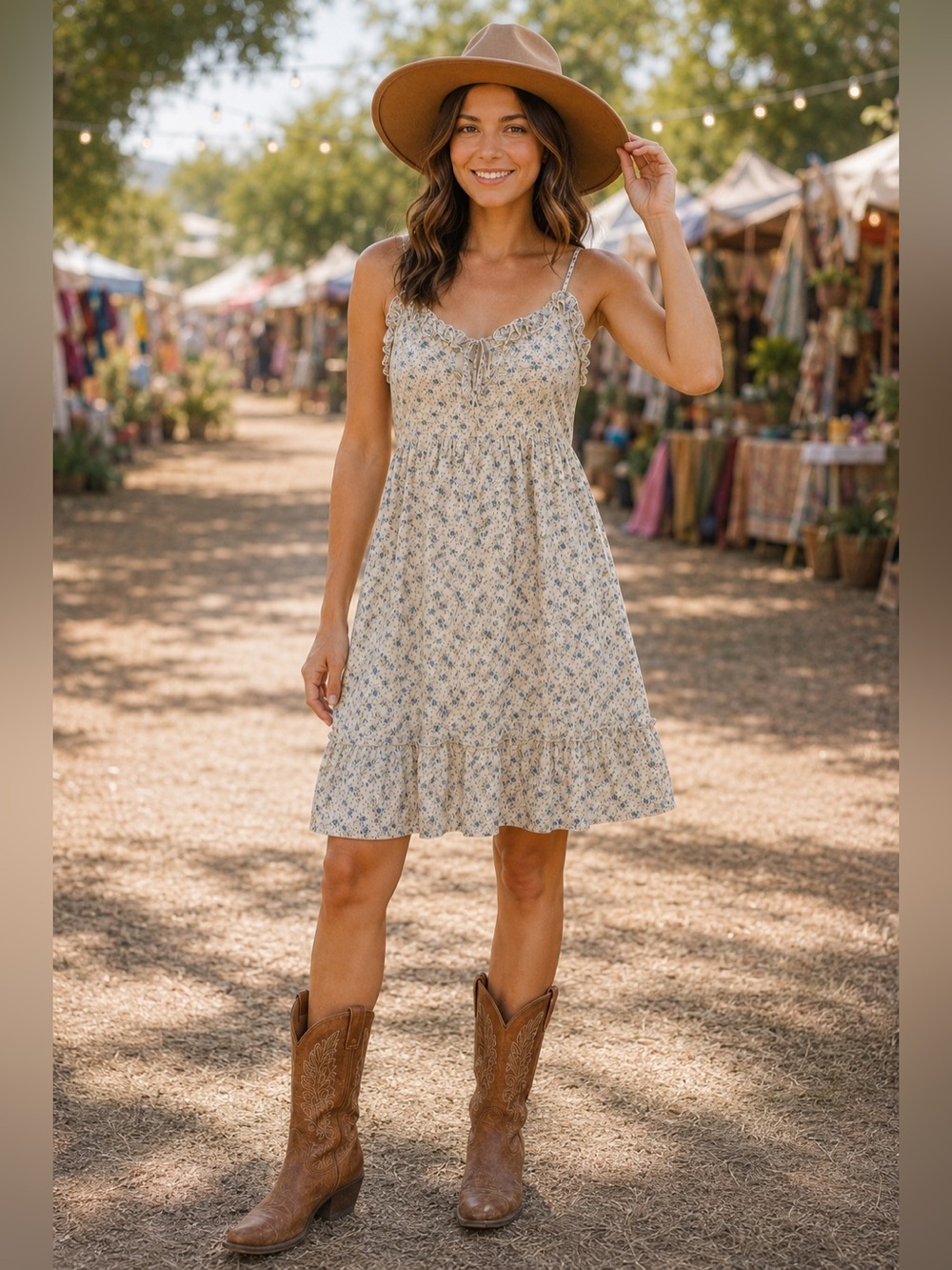 Dress Forum Ruffled Spaghetti Strap Mini Dress Tan Blue Ditsy Floral Sundress, S